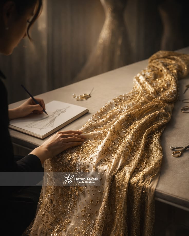 Artisan sketching beside embroidered couture fabric